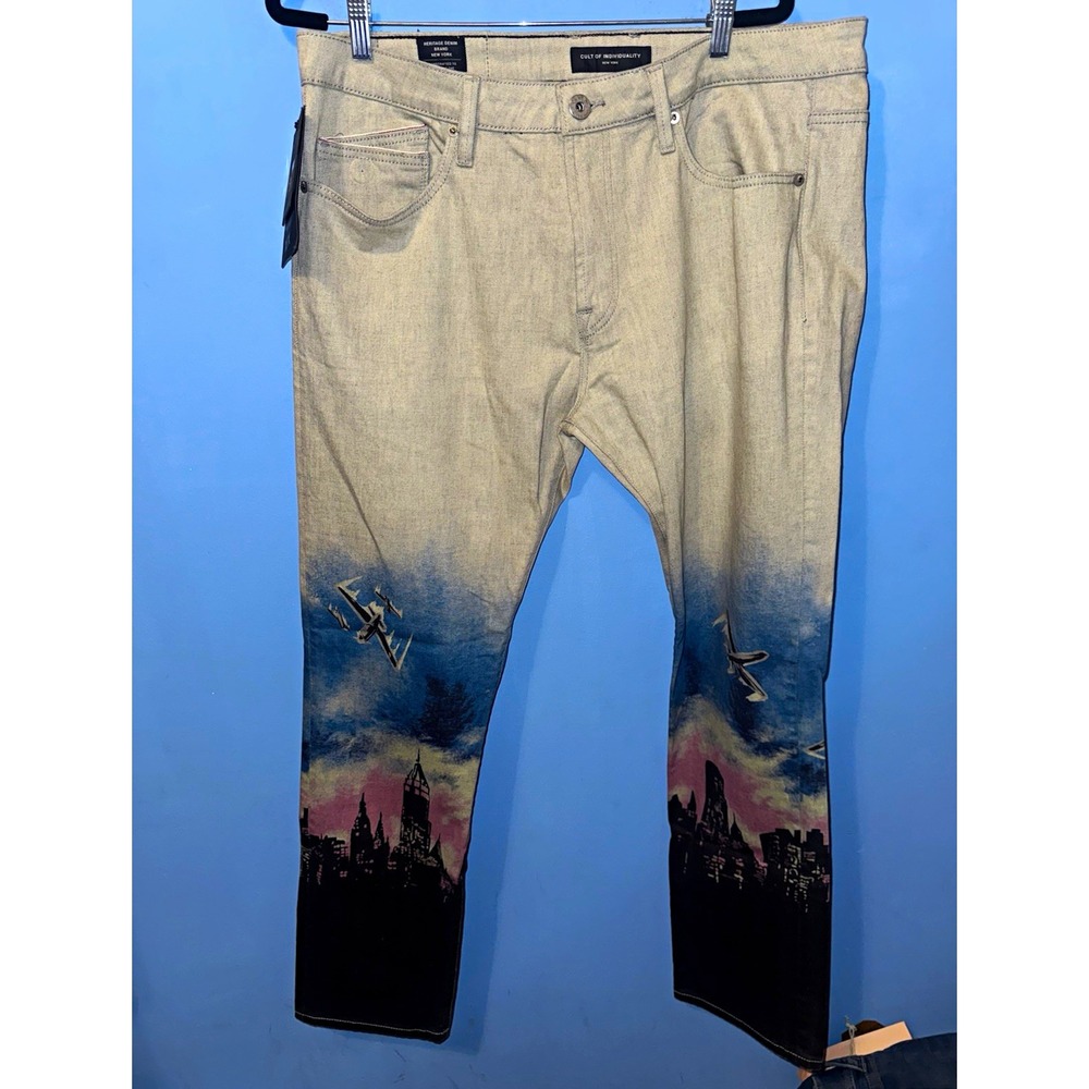 Cult of Individuality Rocker Slim Jeans Mens 38x33 Light Wash City Graphic NEW